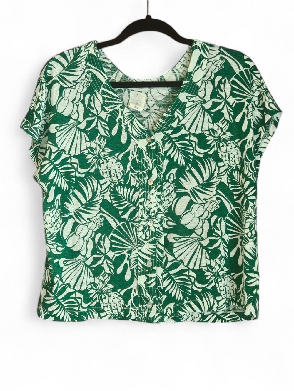 Joie 100% Linen Tropical Pineapple Shell Print Button Top - Large